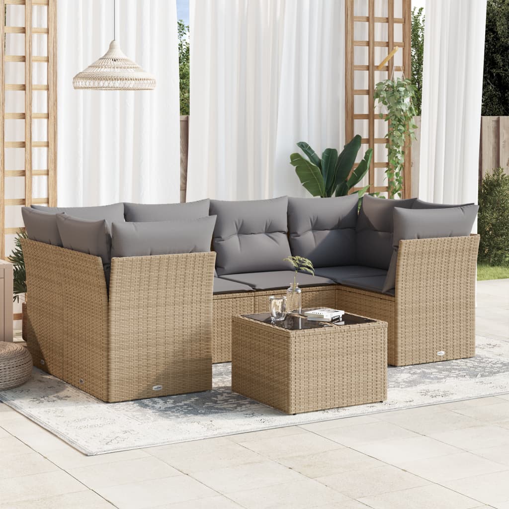 Set canapele de gradina, 7 piese, cu perne, bej, poliratan — imaginea 2
