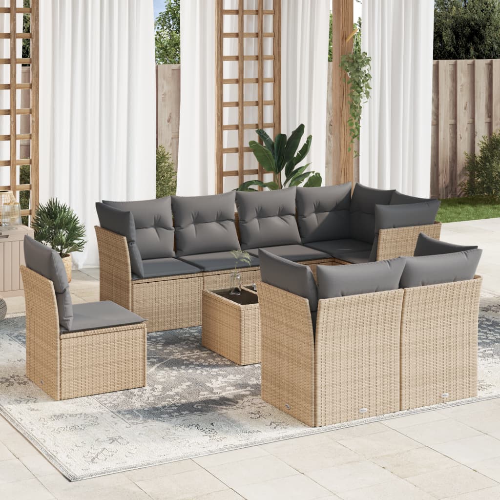 Set canapele de gradina, 9 piese, cu perne, bej, poliratan — imaginea 2