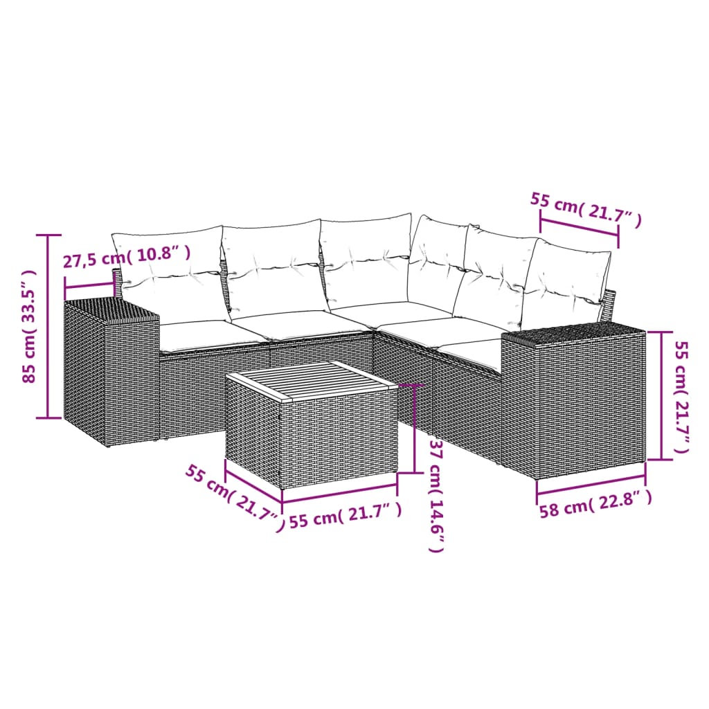 Set mobilier de gradina cu perne, 6 piese, negru, poliratan — imaginea 3