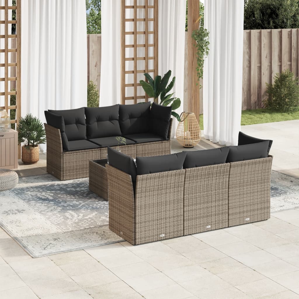 Set canapele de gradina, 7 piese, cu perne, gri, poliratan — imaginea 2