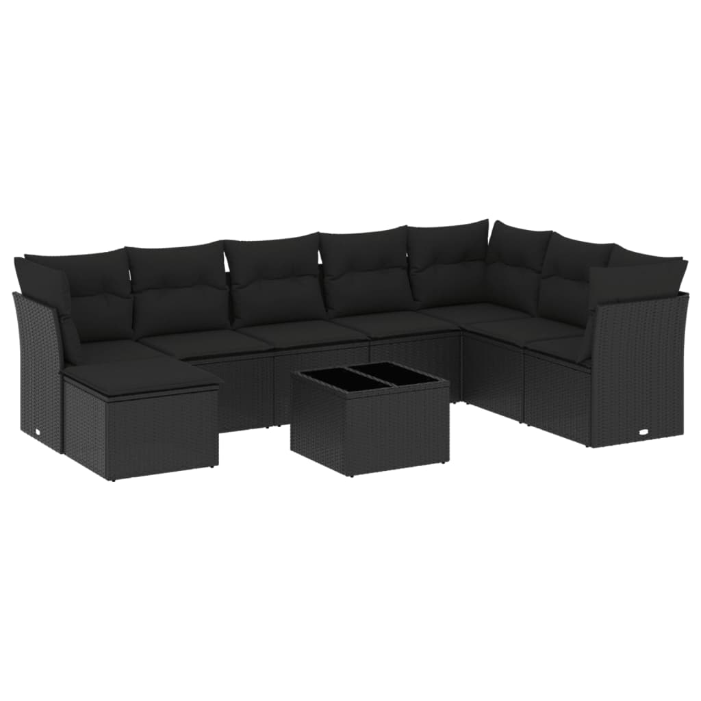 Set mobilier de gradina cu perne, 9 piese, negru, poliratan