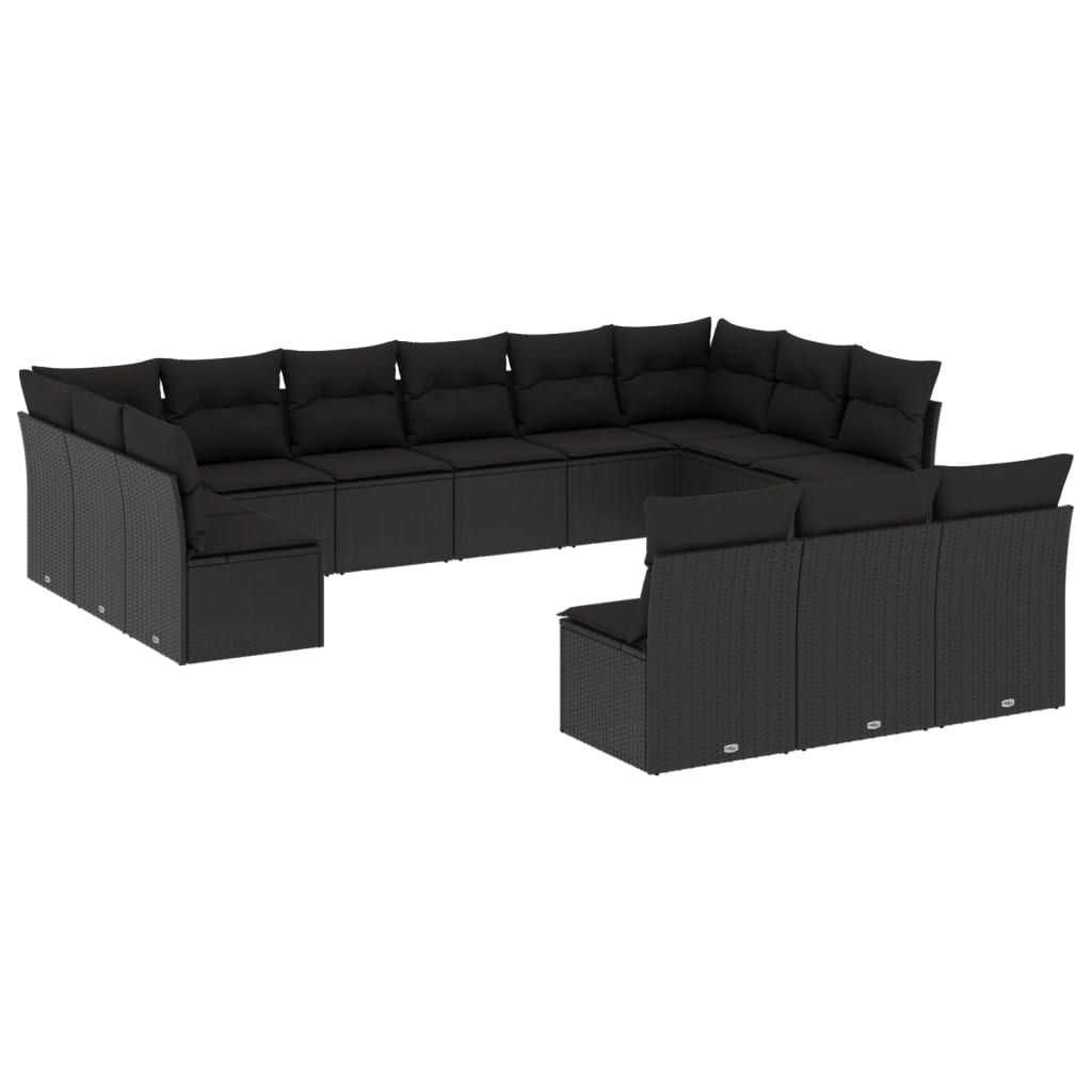 Set mobilier de gradina cu perne, 13 piese, negru, poliratan