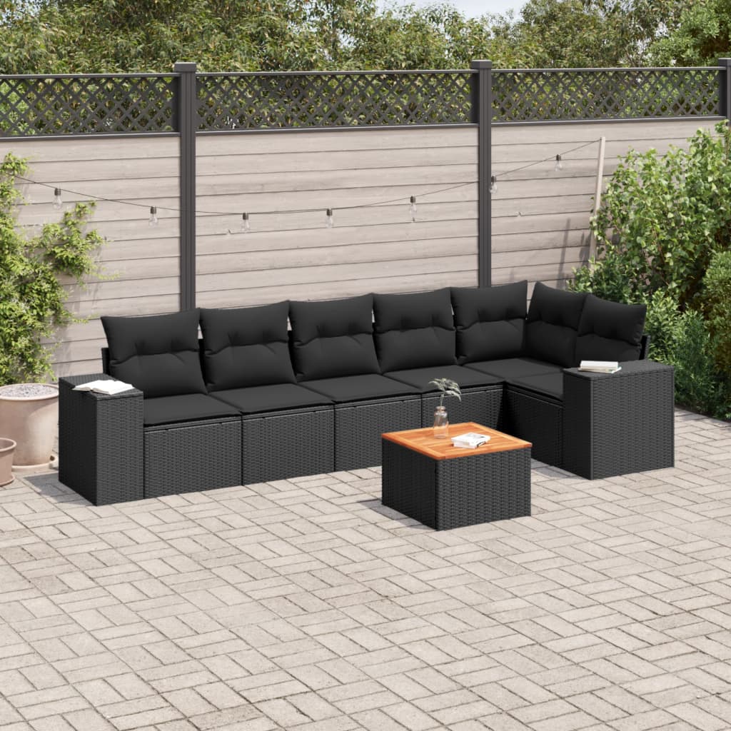 Set canapele de gradina cu perne, 7 piese, negru, poliratan — imaginea 2