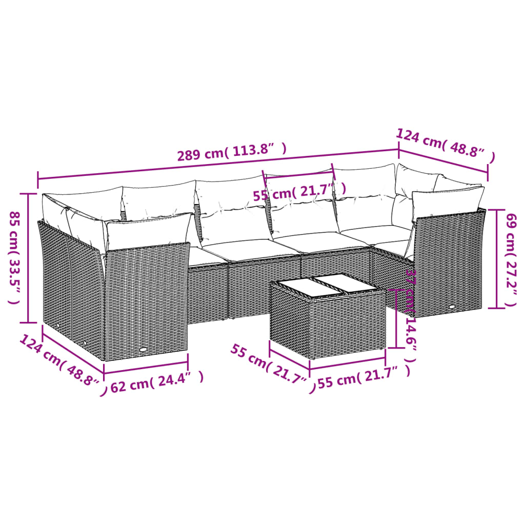 Set canapele de gradina, 8 piese, cu perne, bej, poliratan — imaginea 3