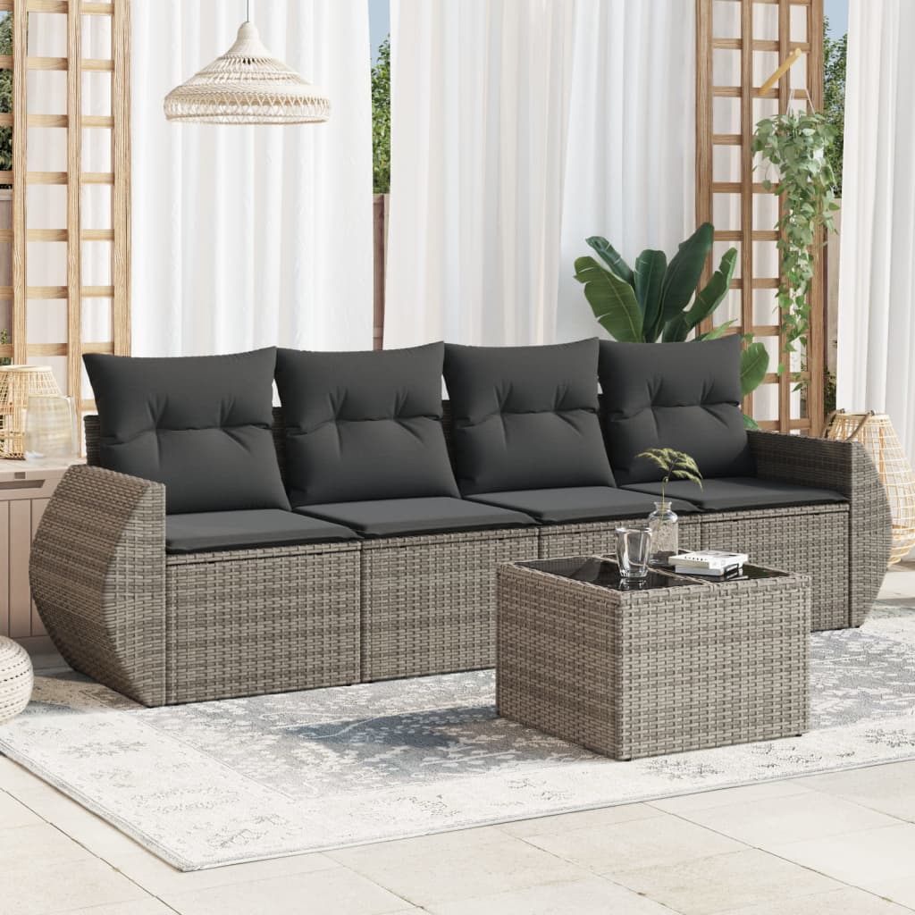Set canapea de gradina cu perne, 5 piese, gri, poliratan — imaginea 2