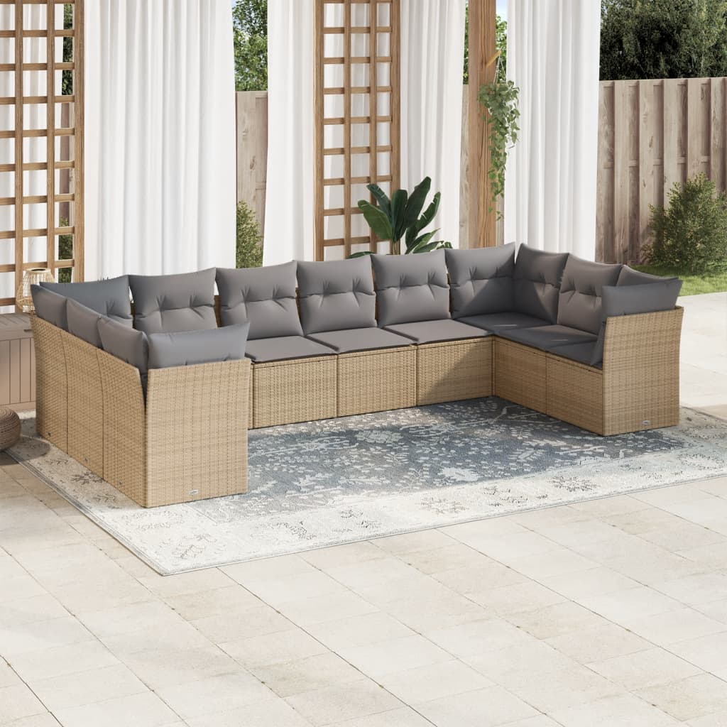 Set canapele de gradina cu perne, 10 piese, bej, poliratan — imaginea 2