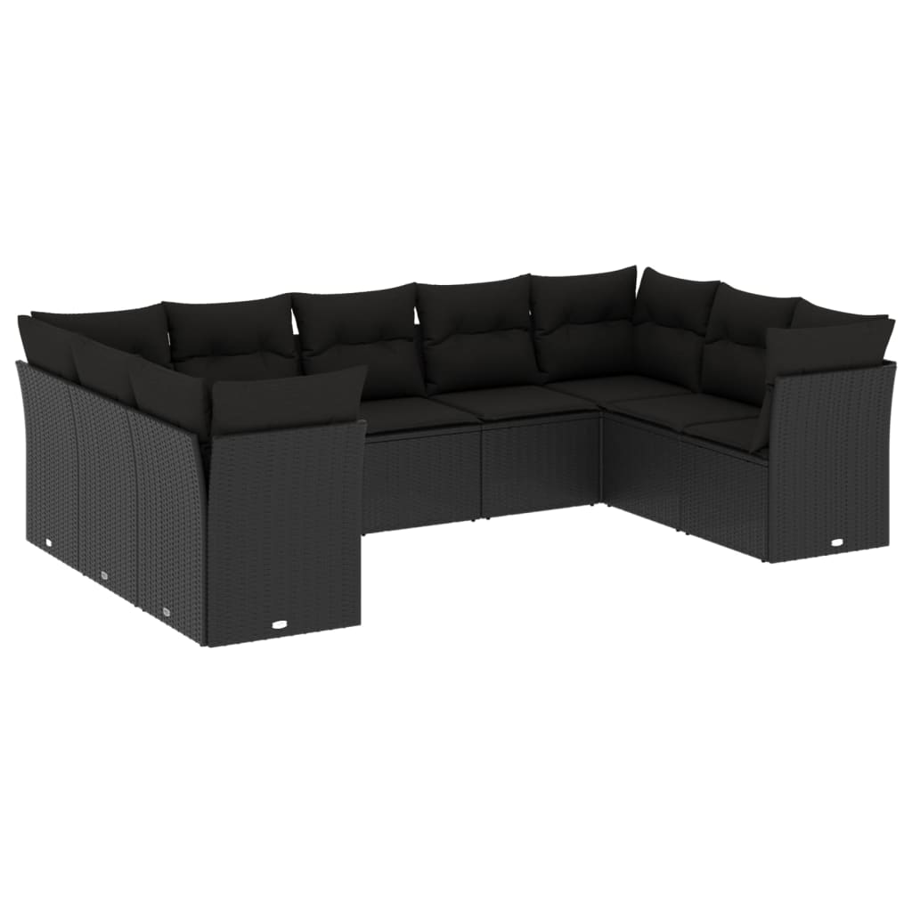 Set mobilier de gradina cu perne, 9 piese, negru, poliratan