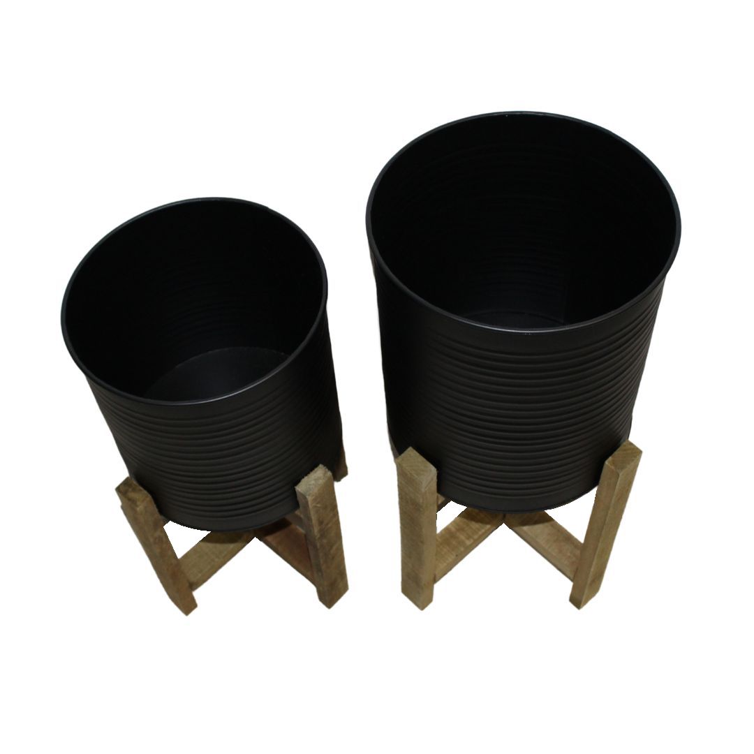 Set jardiniere metal ondulat picioare lemn — imaginea 2