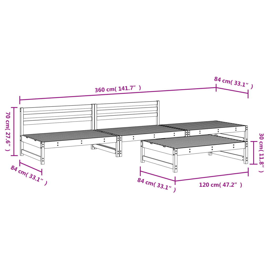 Set mobilier relaxare de gradina 4 piese, negru, lemn masiv pin — imaginea 6