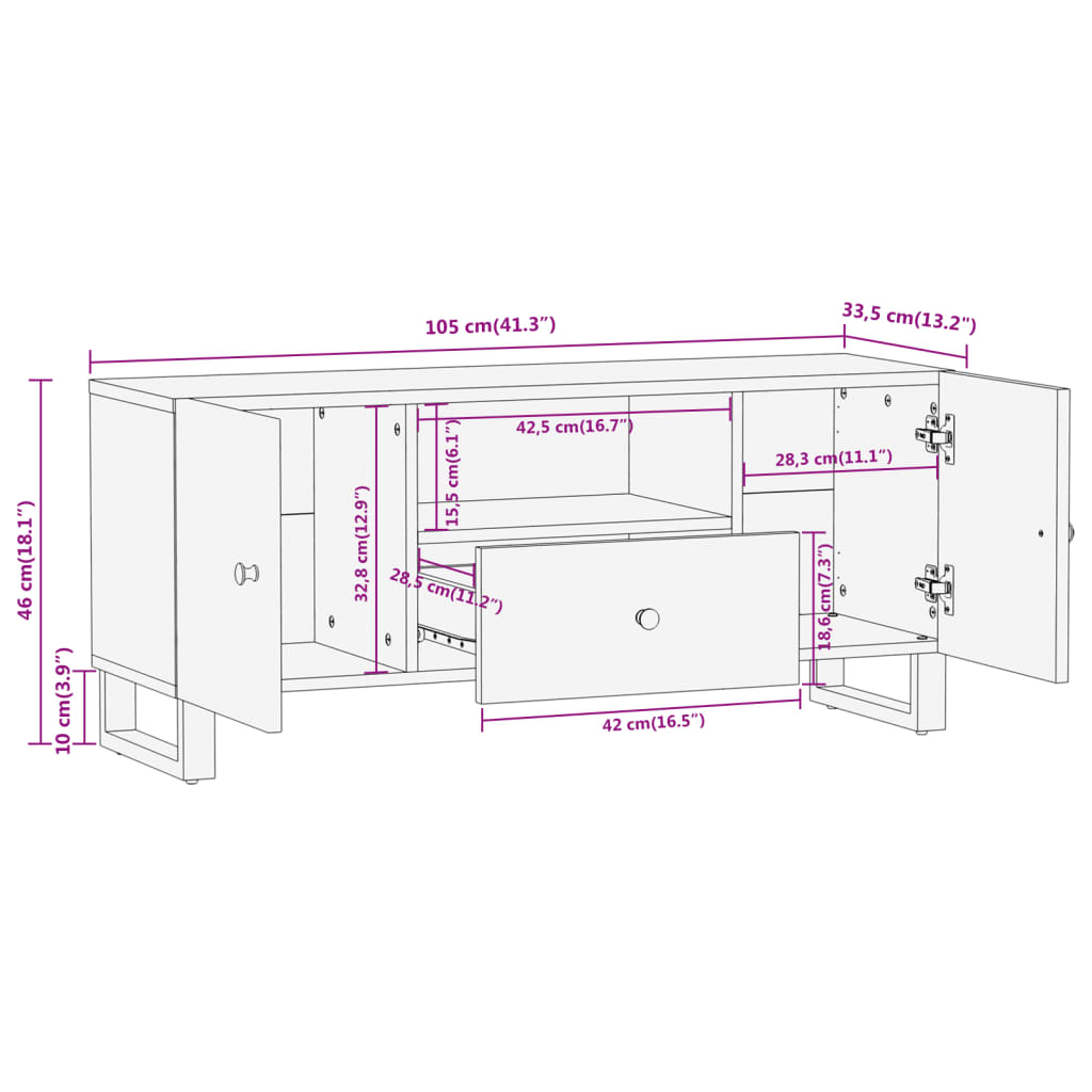 Dulap TV maro si negru 105x33,5x46 cm lemn masiv de mango — imaginea 11