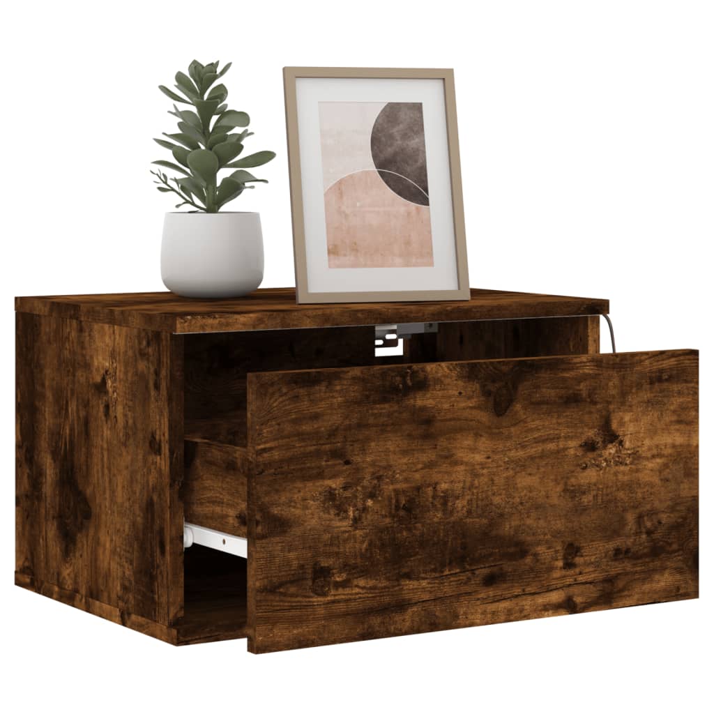 Noptiere montate pe perete cu lumini LED, 2 buc.,stejar fumuriu — imaginea 4
