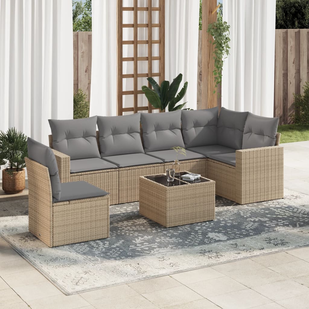 Set canapele de gradina, 7 piese, cu perne, bej, poliratan — imaginea 2