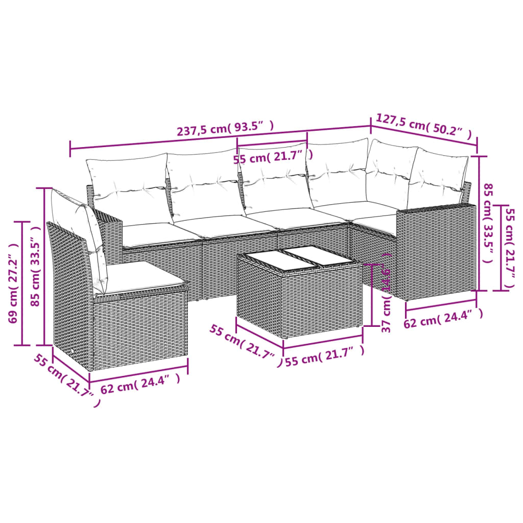 Set canapele de gradina, 7 piese, cu perne, bej, poliratan — imaginea 3