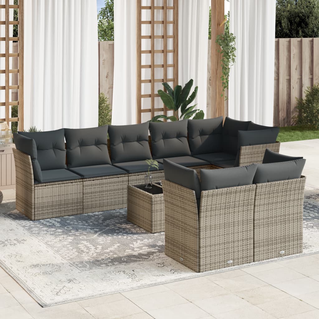 Set canapele de gradina, 9 piese, cu perne, gri, poliratan — imaginea 2