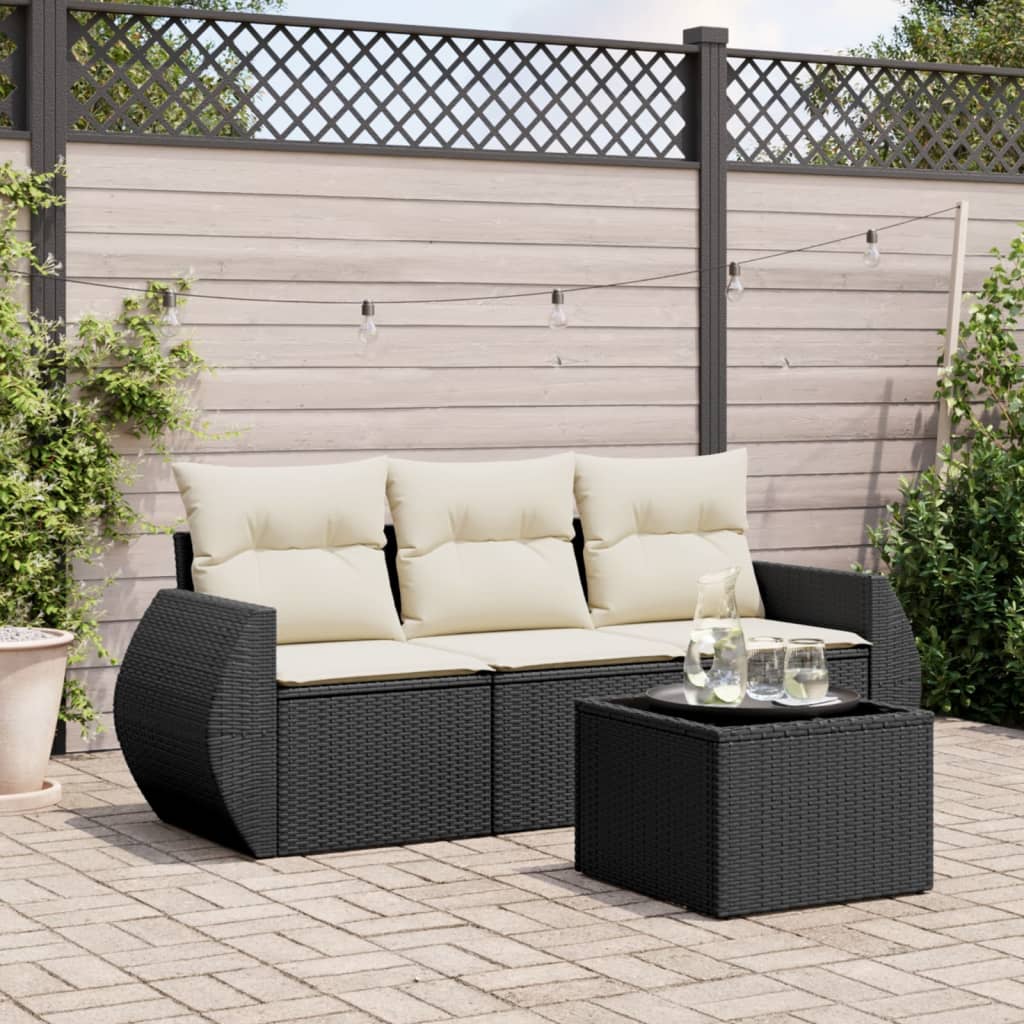 Set mobilier de gradina cu perne, 4 piese, negru, poliratan — imaginea 2