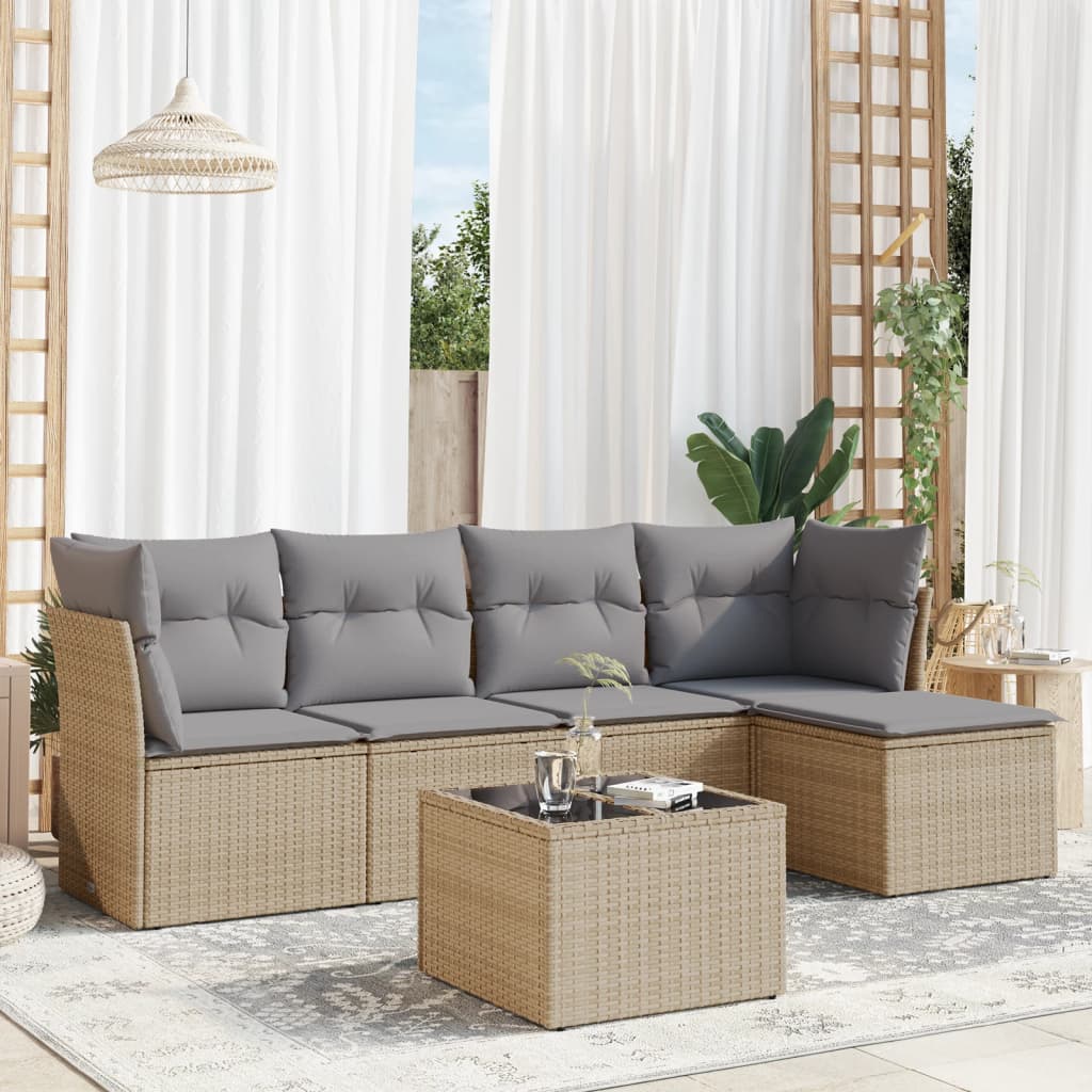 Set canapele de gradina cu perne, 6 piese, bej, poliratan — imaginea 2