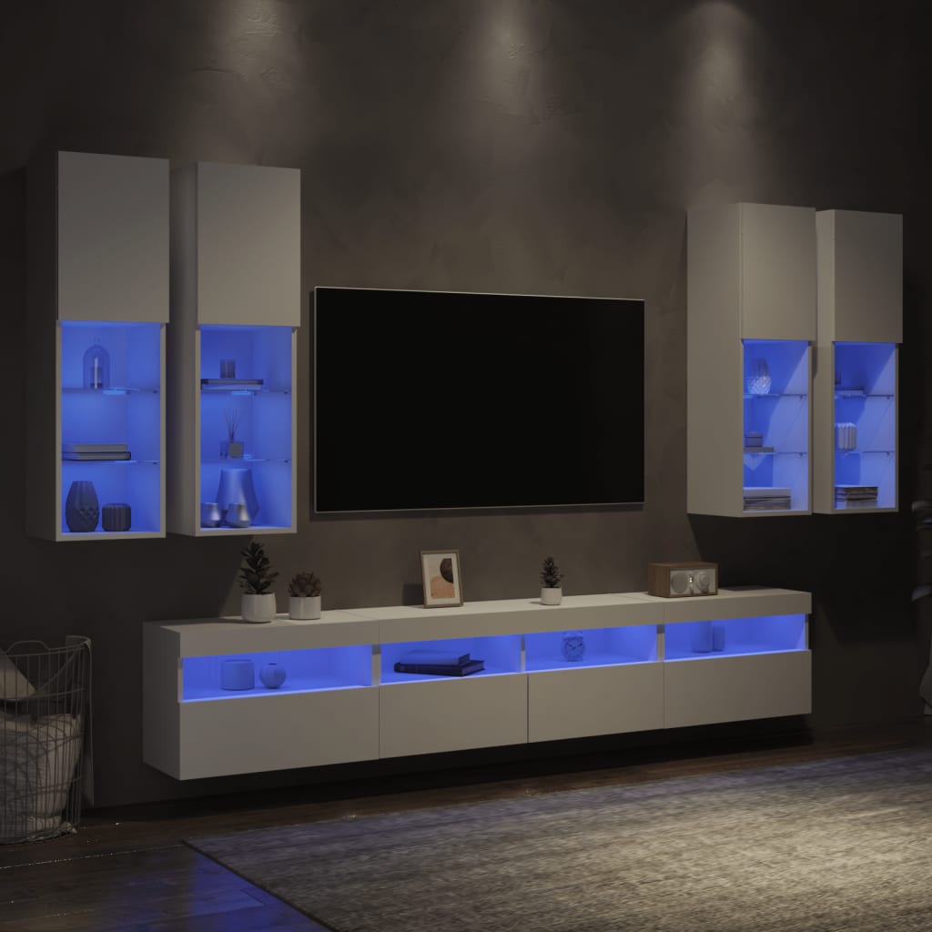 Set comode TV de perete, 7 piese, cu lumini LED, alb — imaginea 4