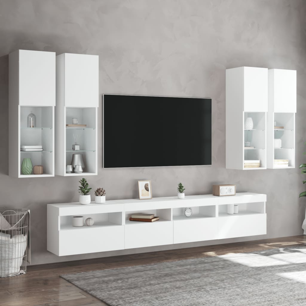 Set comode TV de perete, 7 piese, cu lumini LED, alb — imaginea 5