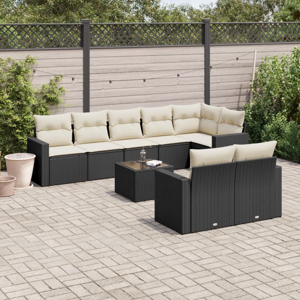 Set mobilier de gradina cu perne, 9 piese, negru, poliratan — imaginea 2