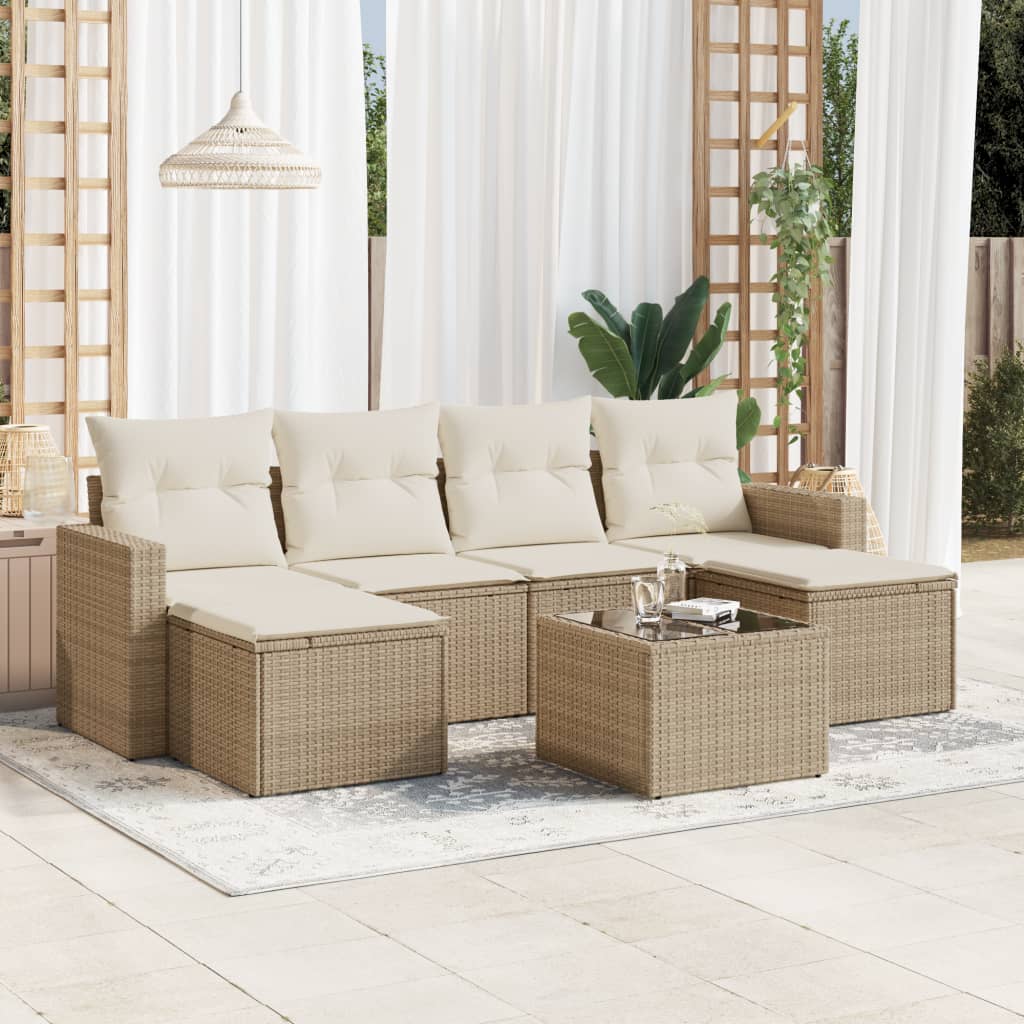 Set canapele de gradina, 7 piese, cu perne, bej, poliratan — imaginea 2