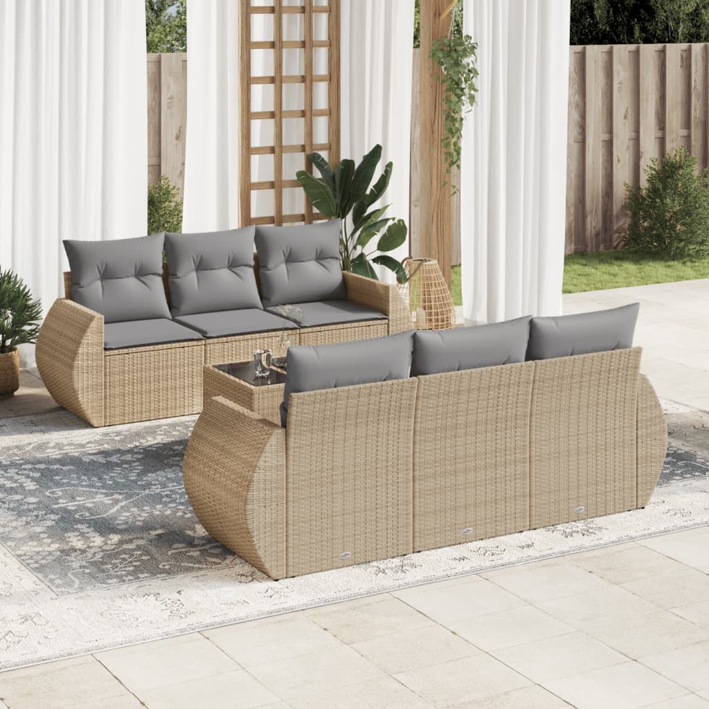 Set canapele de gradina, 7 piese, cu perne, bej, poliratan — imaginea 2