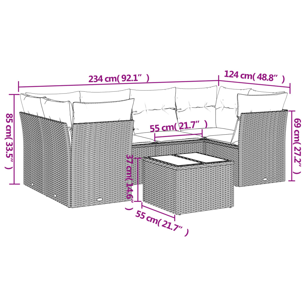 Set canapele de gradina cu perne, 7 piese, negru, poliratan — imaginea 3