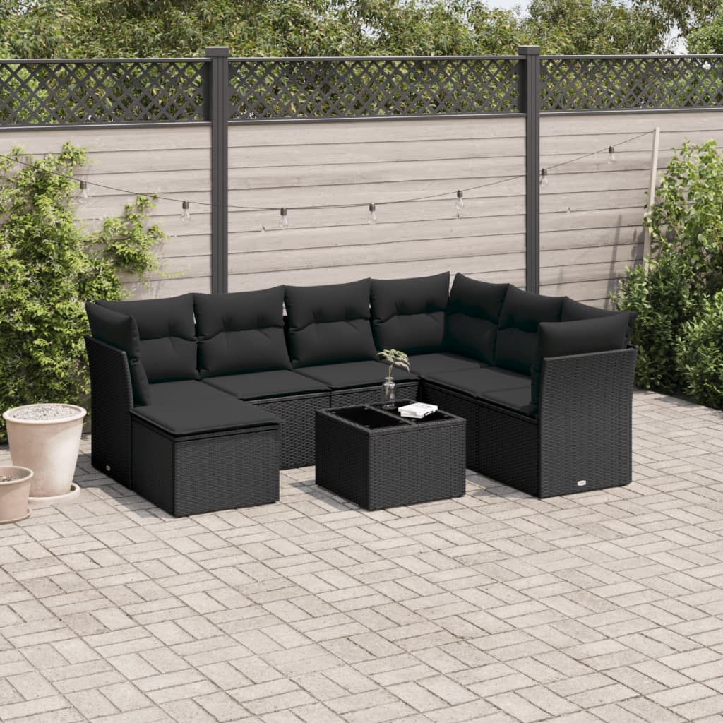 Set mobilier de gradina cu perne, 8 piese, negru, poliratan — imaginea 2