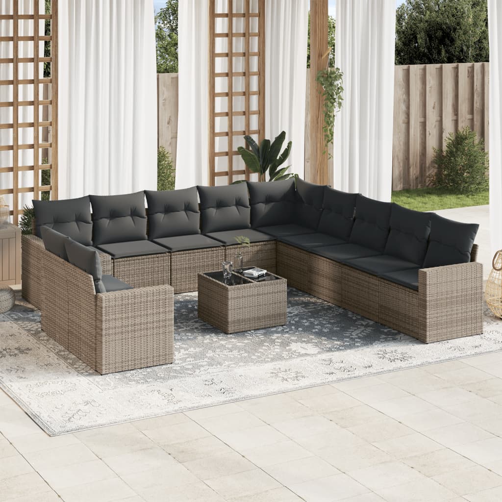 Set canapea de gradina cu perne, 12 piese, gri, poliratan — imaginea 2