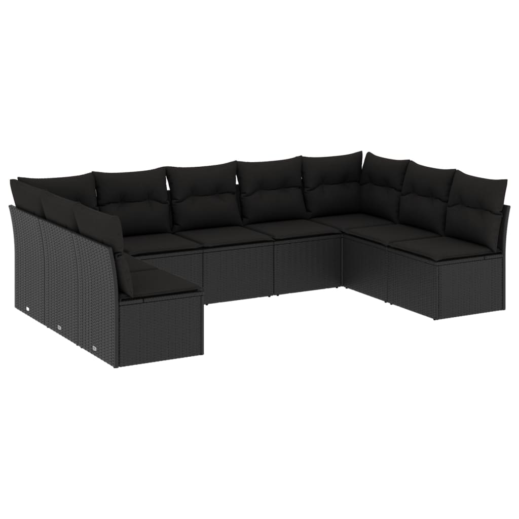 Set mobilier de gradina cu perne, 9 piese, negru, poliratan