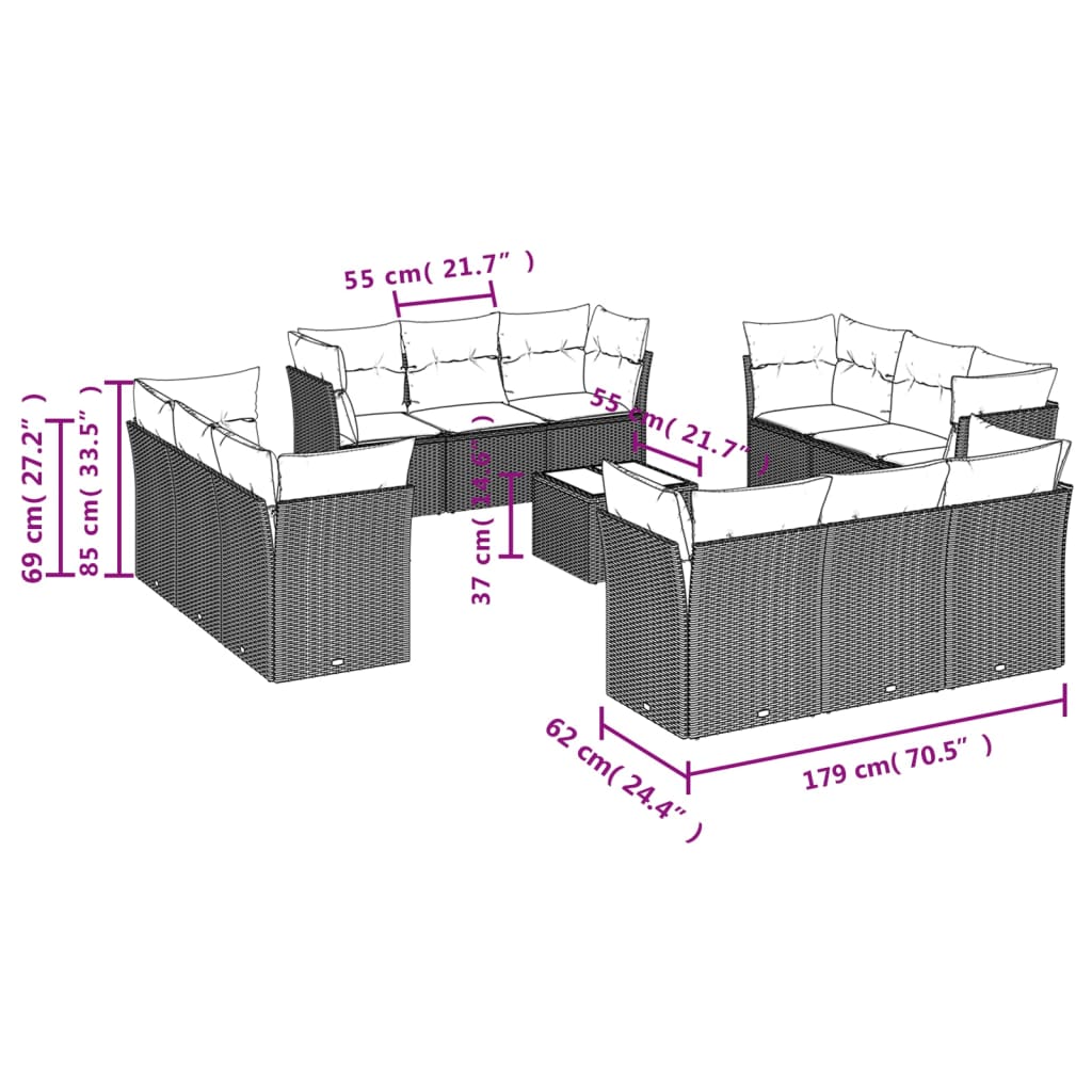 Set canapele de gradina, 13 piese, cu perne, bej, poliratan — imaginea 3