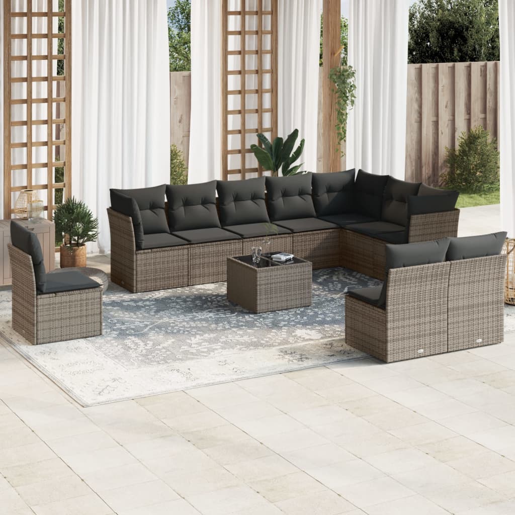 Set canapele de gradina cu perne, 11 piese, gri, poliratan — imaginea 2