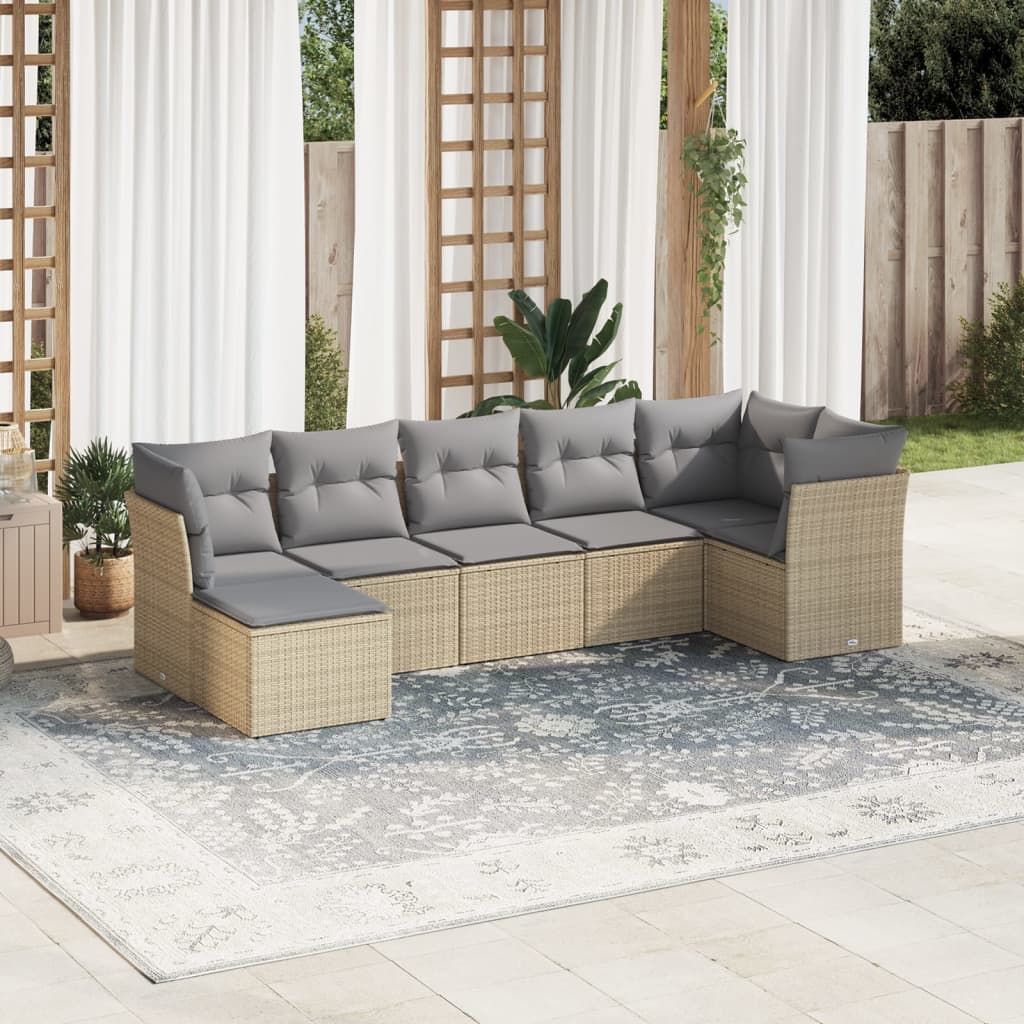Set canapele de gradina, 7 piese, cu perne, bej, poliratan — imaginea 2