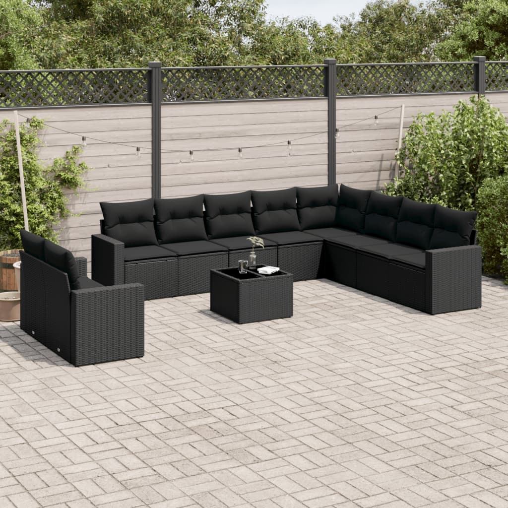Set canapele de gradina cu perne, 11 piese, negru, poliratan — imaginea 2