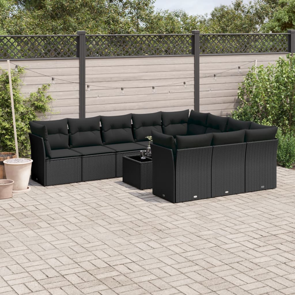 Set canapele de gradina cu perne, 11 piese, negru, poliratan — imaginea 2