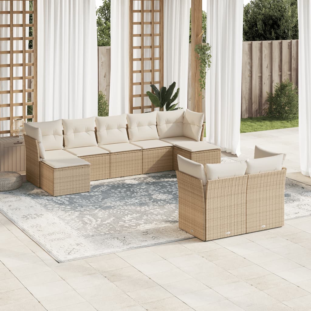 Set canapele de gradina, 9 piese, cu perne, bej, poliratan — imaginea 2