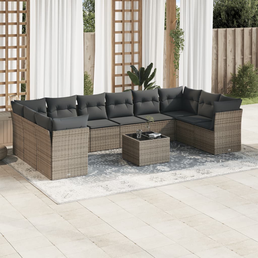 Set canapele de gradina cu perne, 11 piese, gri, poliratan — imaginea 2