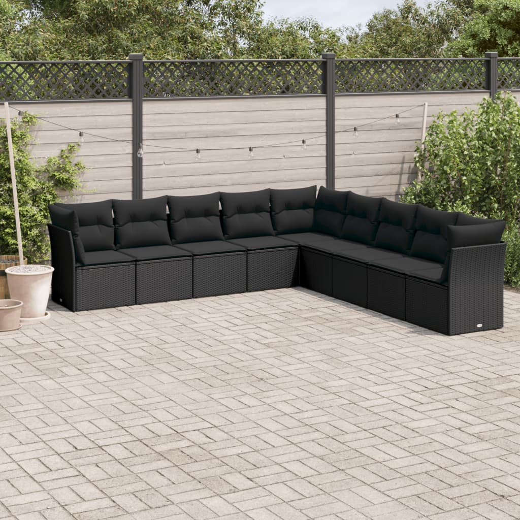 Set mobilier de gradina cu perne, 9 piese, negru, poliratan — imaginea 2