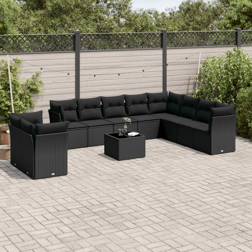 Set canapele de gradina cu perne, 11 piese, negru, poliratan — imaginea 2