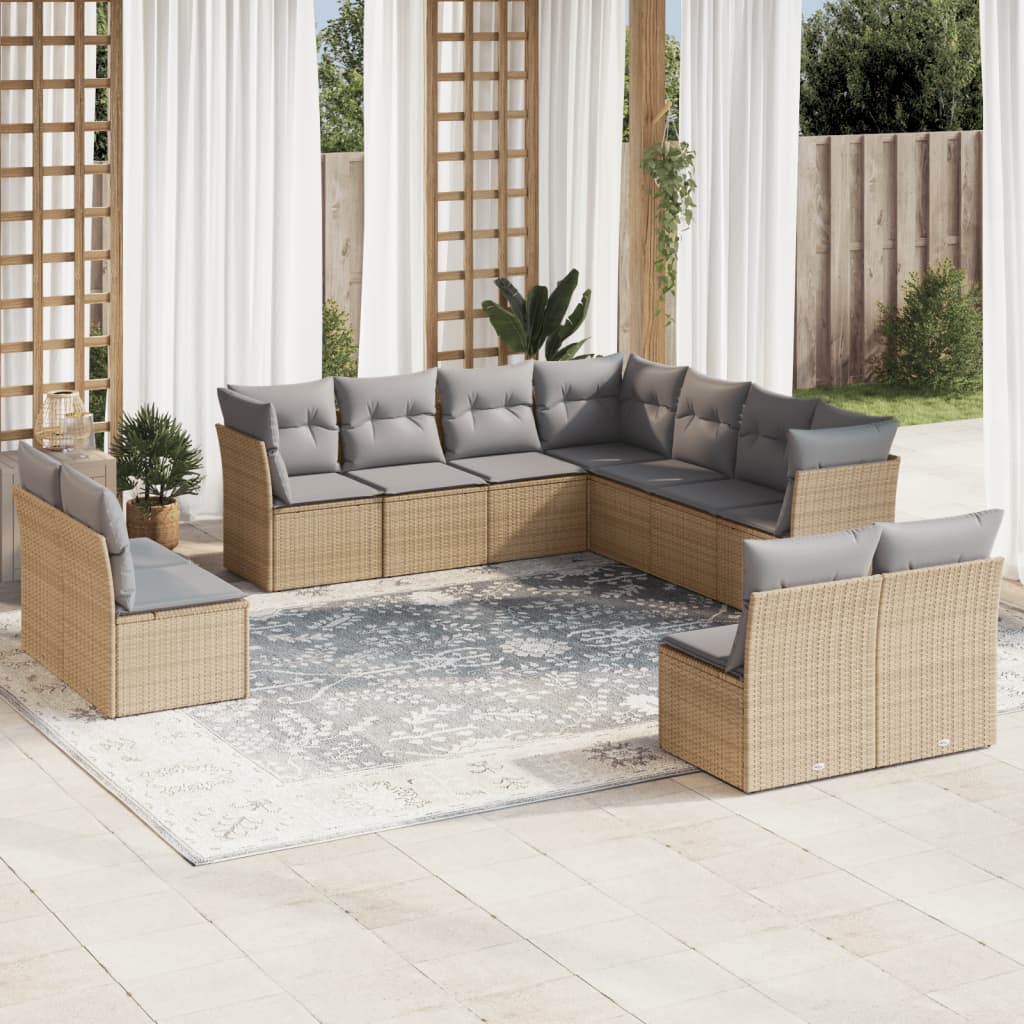 Set canapele de gradina cu perne, 11 piese, bej, poliratan — imaginea 2