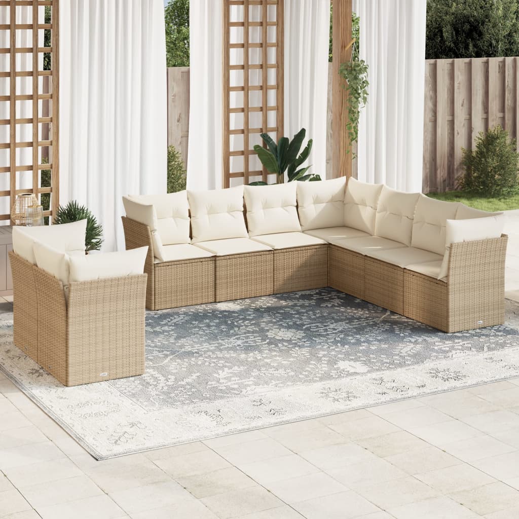 Set canapele de gradina, 9 piese, cu perne, bej, poliratan — imaginea 2