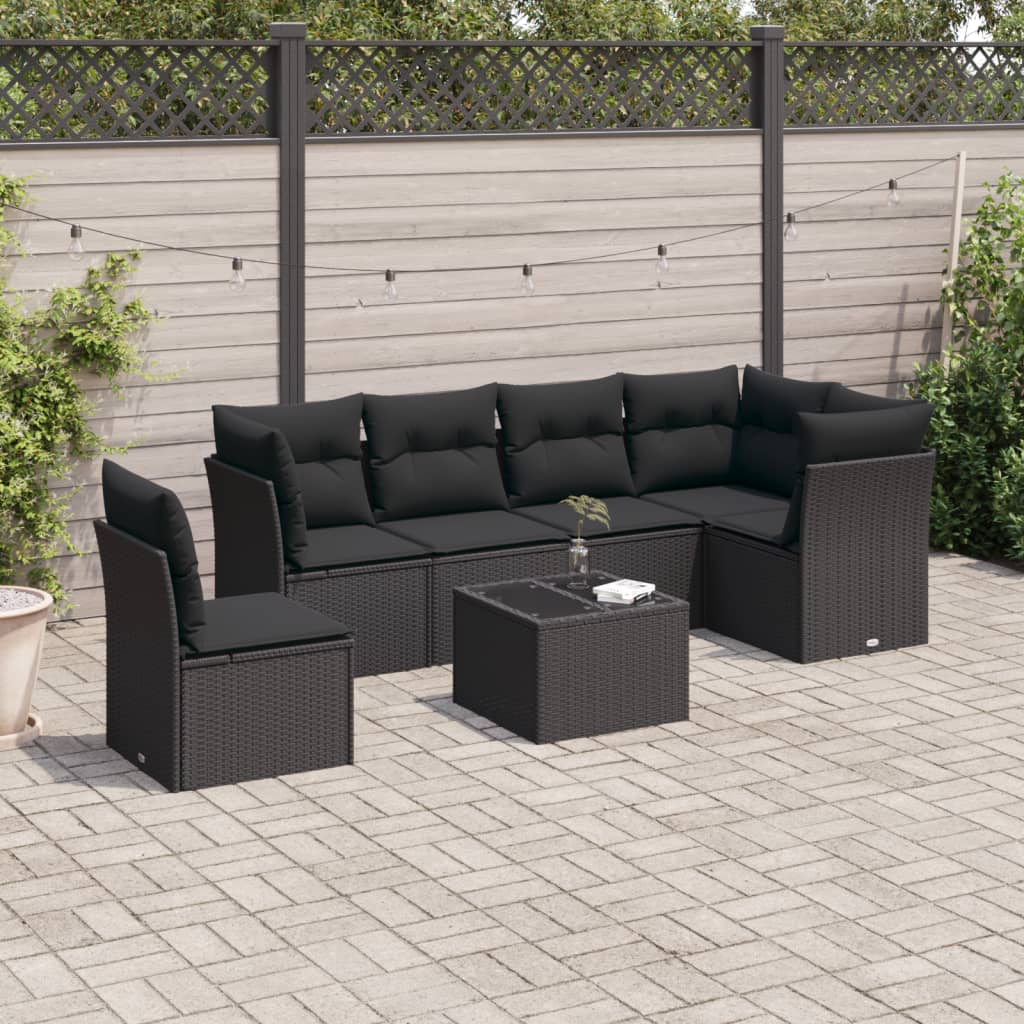 Set canapele de gradina cu perne, 7 piese, negru, poliratan — imaginea 2