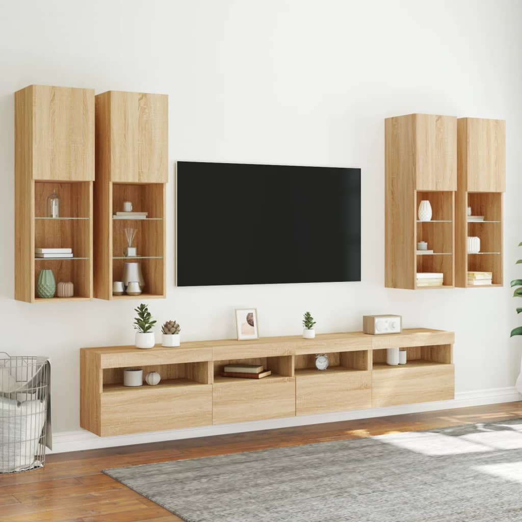 Comode TV de perete cu lumini LED, 7 piese, stejar sonoma — imaginea 5