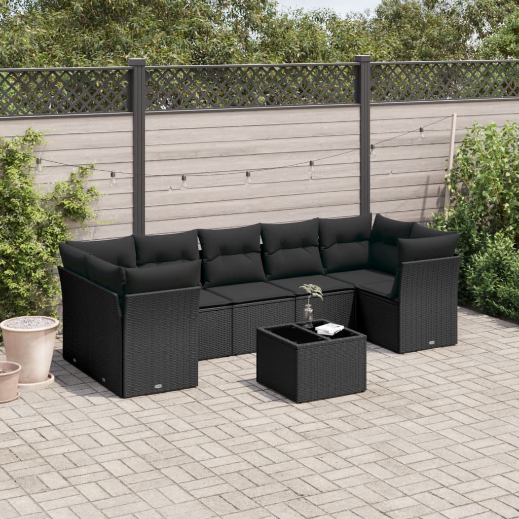 Set mobilier de gradina cu perne, 8 piese, negru, poliratan — imaginea 2