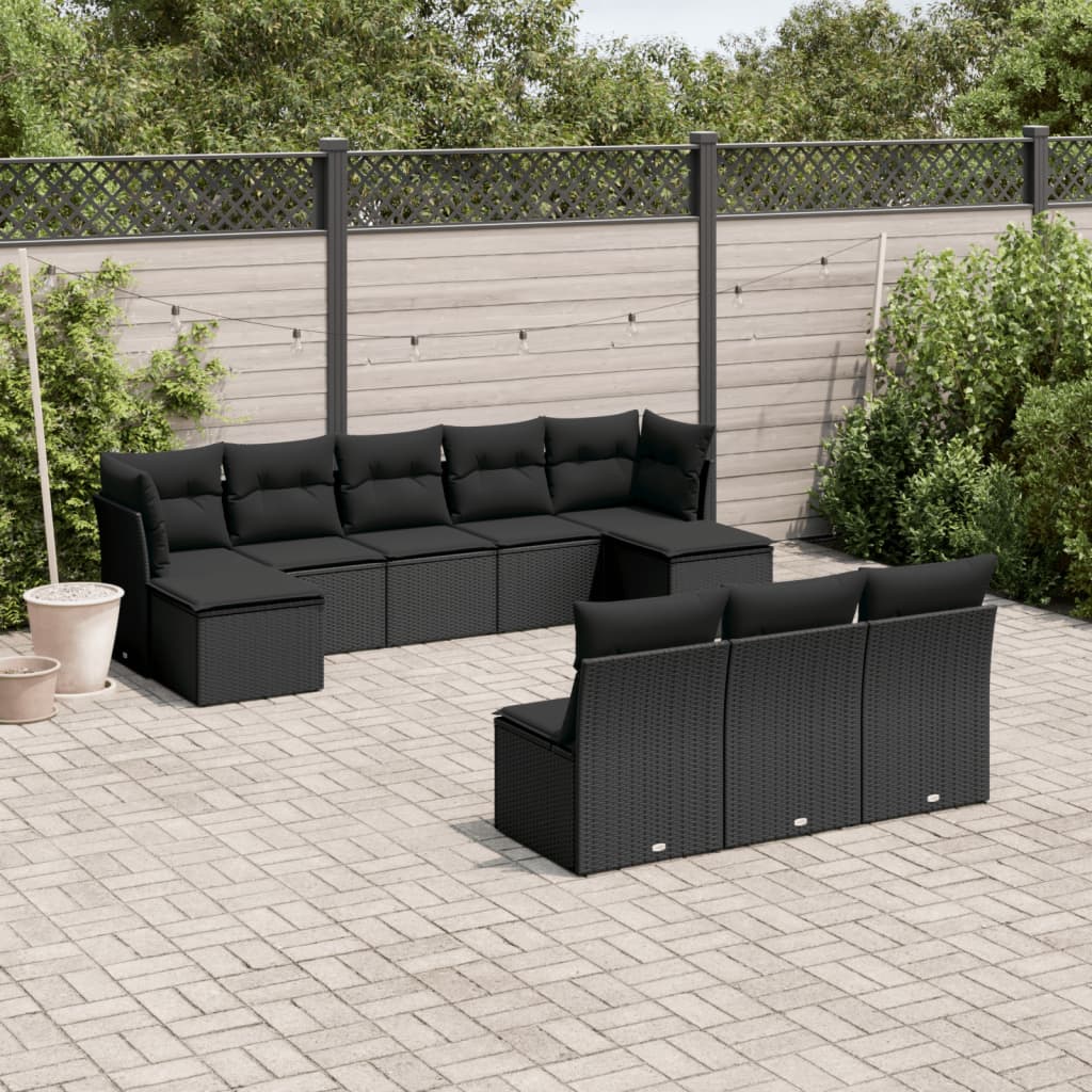 Set canapele de gradina cu perne, 10 piese, negru, poliratan — imaginea 2