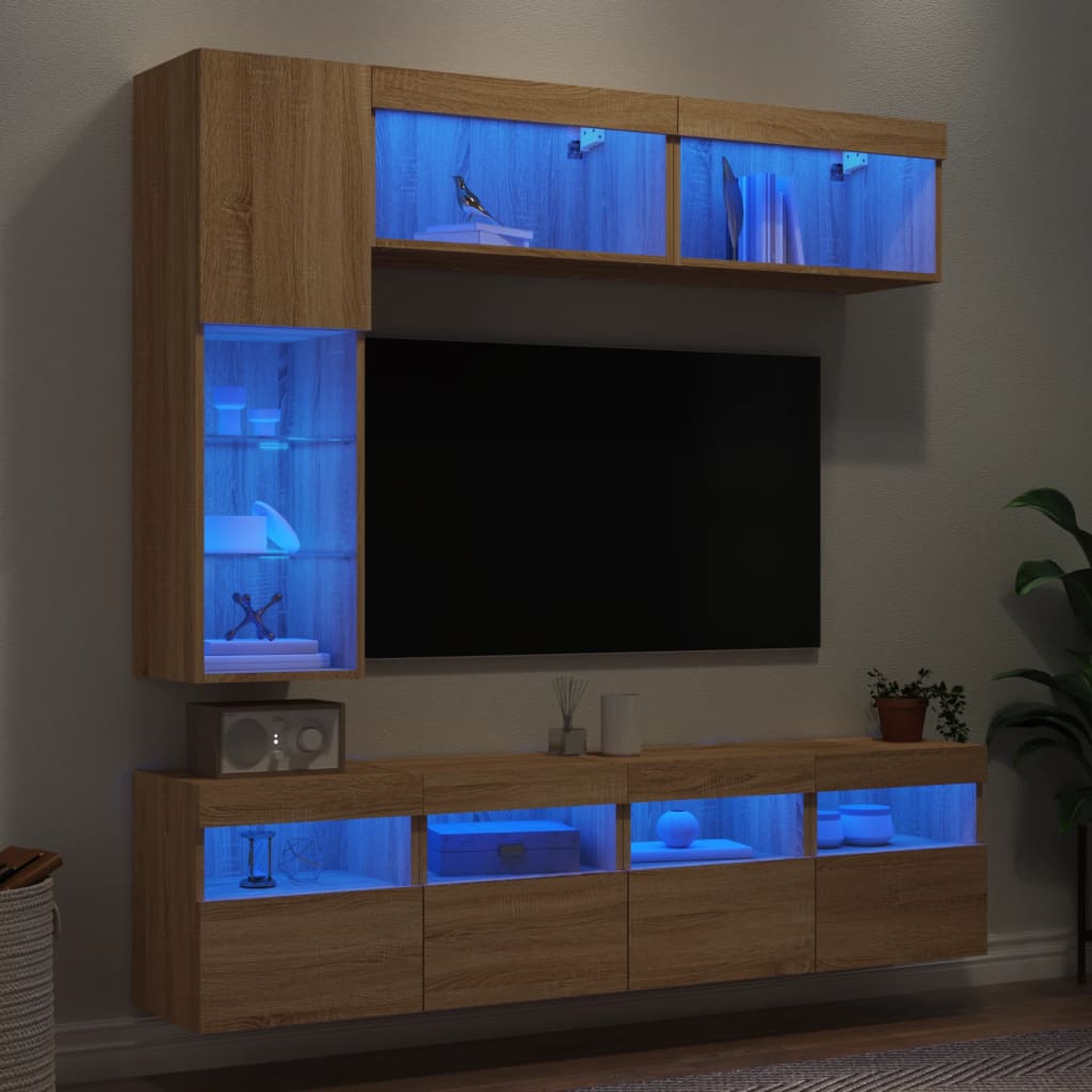 Comode TV de perete cu lumini LED, 7 piese, stejar sonoma — imaginea 4