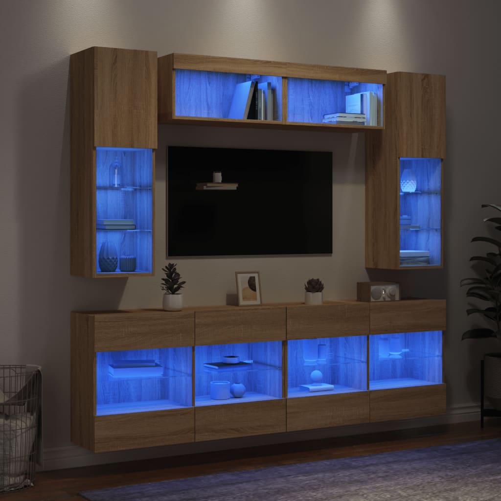 Comode TV de perete cu lumini LED, 6 piese, stejar sonoma — imaginea 5