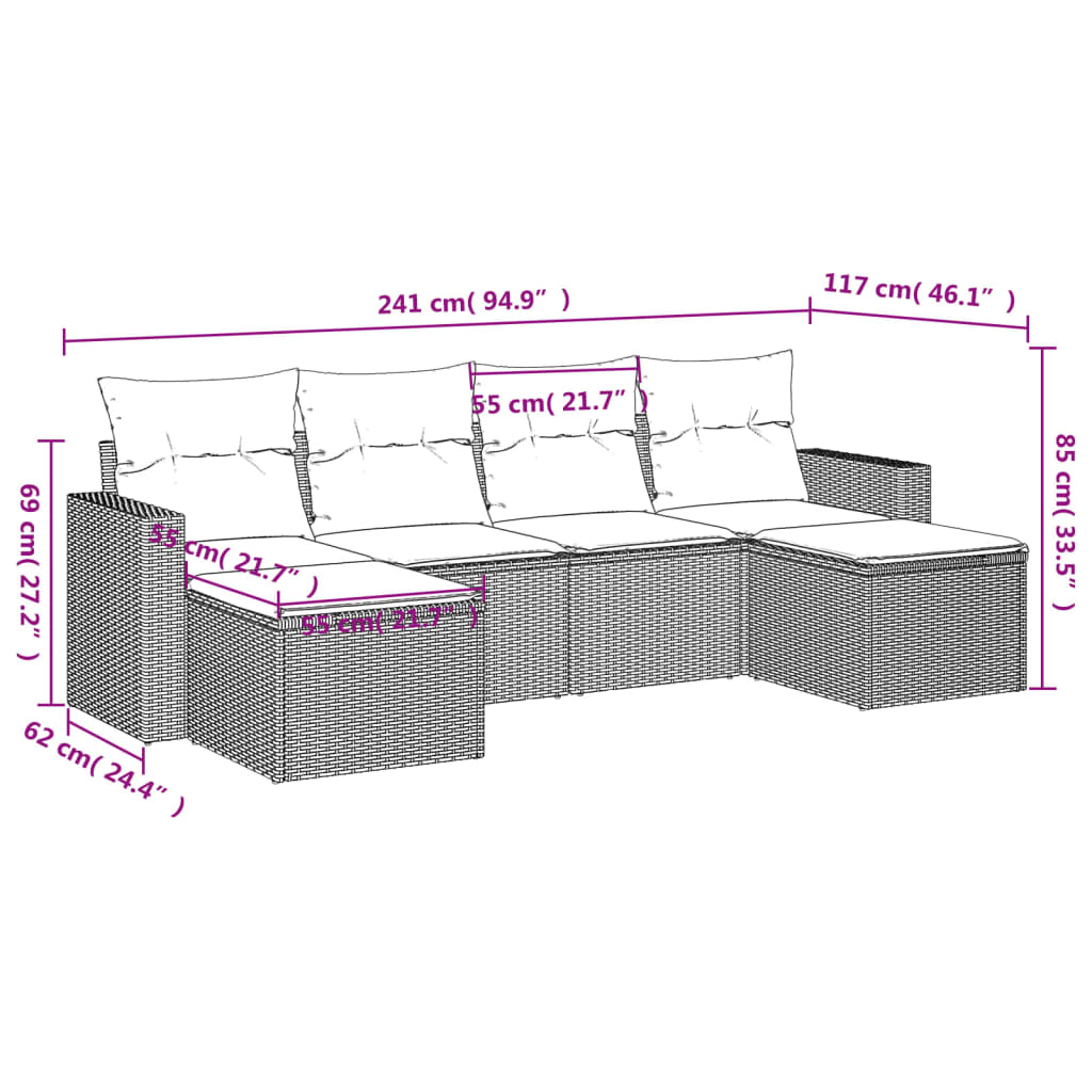 Set mobilier de gradina cu perne, 6 piese, negru, poliratan — imaginea 3