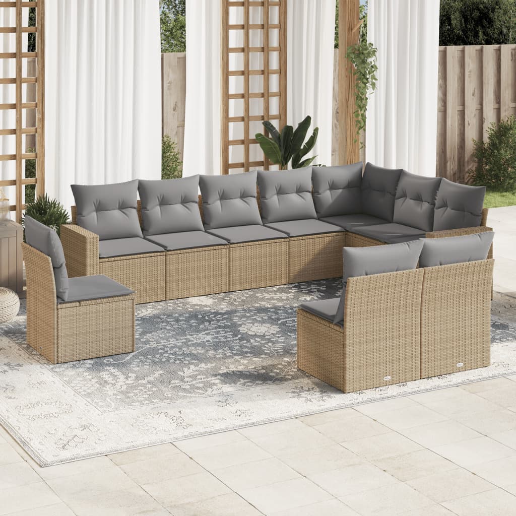 Set canapele de gradina cu perne, 10 piese, bej, poliratan — imaginea 2
