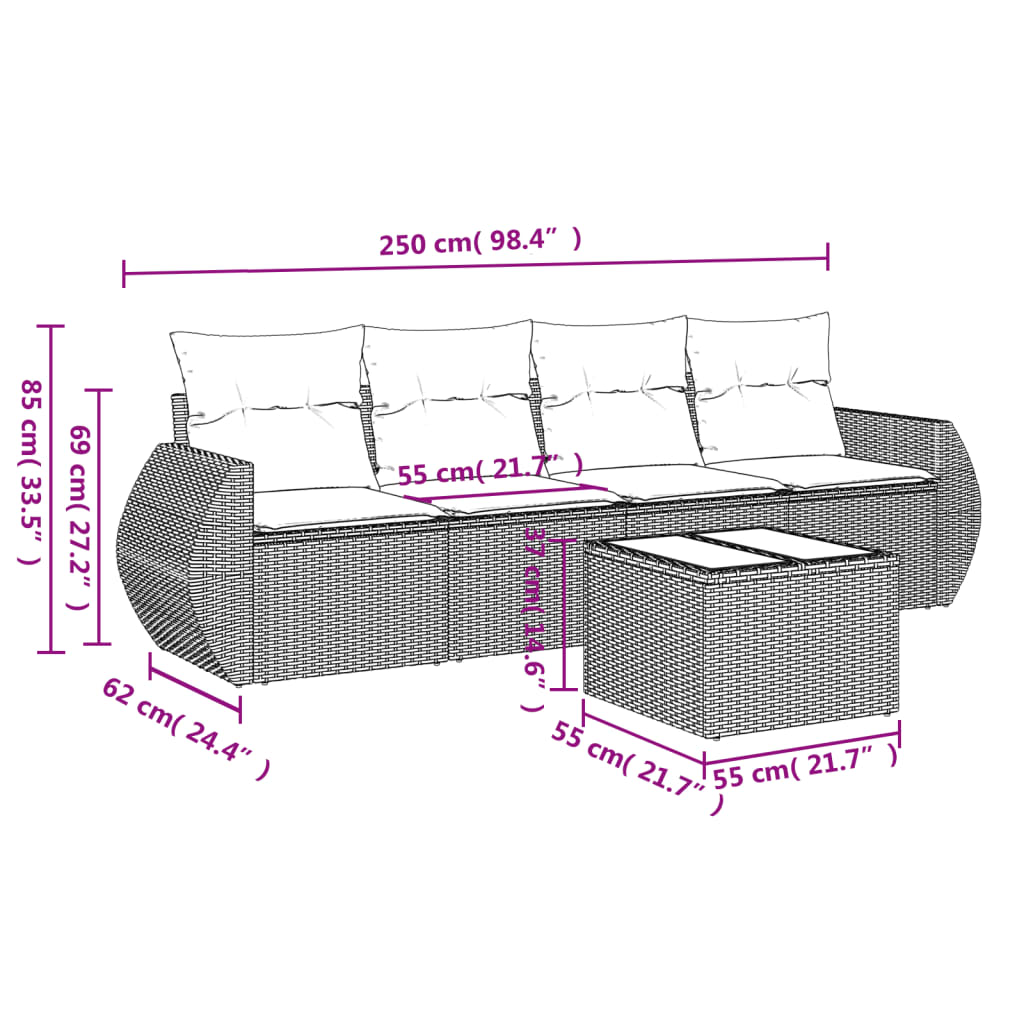 Set canapele de gradina cu perne, 5 piese, bej, poliratan — imaginea 3