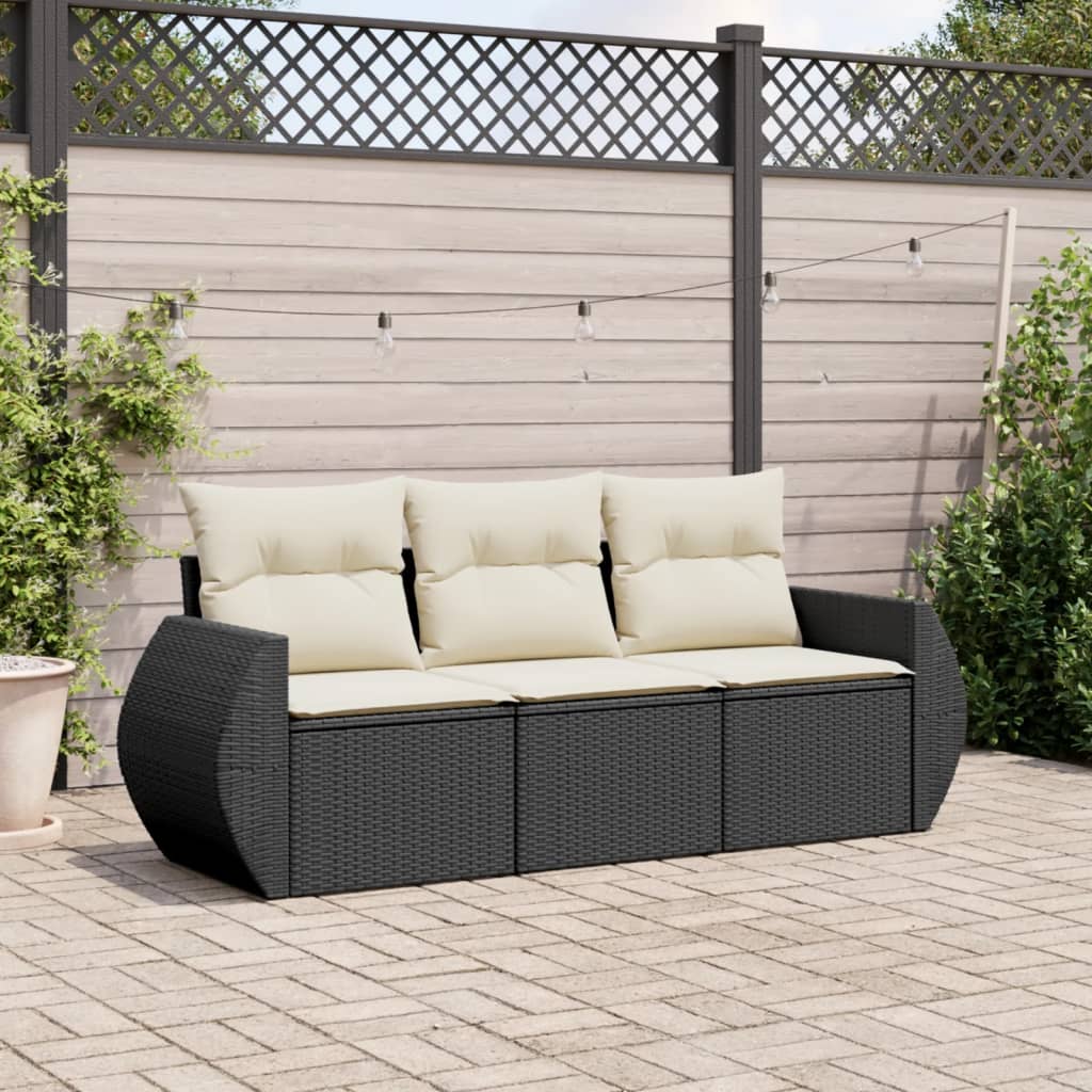 Set mobilier de gradina cu perne, 3 piese, negru, poliratan — imaginea 2